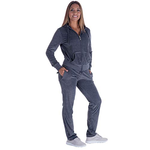 Velour Sweatsuits Set Women 2 Piece Tracksuit Sets Full Zip Hoodie Sweatshirt & Sweatpants Jogging Suits Outfits (Grey Large)