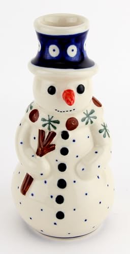Polish Pottery Snowman Statuette Candlestick Holder - Zaklady Boleslawiec Poland - Nature Pattern - Height: 6