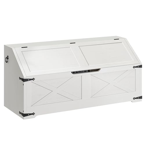 DWVO Storage Bench, Wood Storage Chest with 4 Wheels, 39.4'' Retro Shoe Bench with Safety Hinge, Sloped Design, Utility Organizer for Entryway, Bedroom, Living Room, White