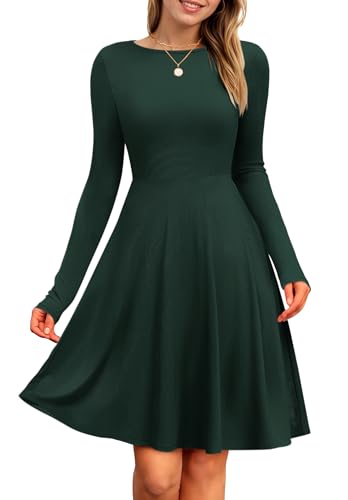 PLOKNRD Damen Strickkleid Herbst Langarm Kleider Elegant A-Linie Rundhalsausschnitt Freizeitkleid Winterkleid (Dunkelgrün,L)