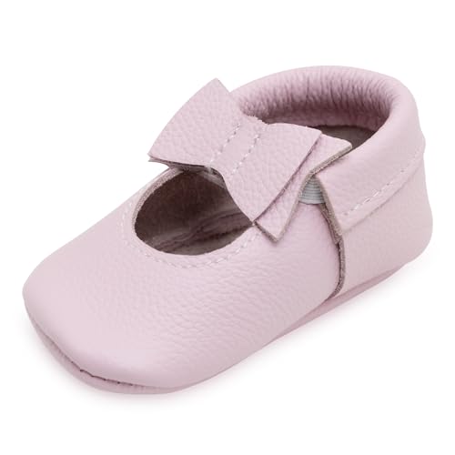 BirdRock Baby Bow and Knot Moccasins - Genuine Leather Baby Girl Shoes (Lavender Bow, US 8)