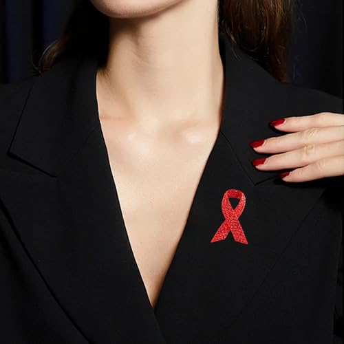 Image of Red Ribbon Awareness Brooch Rhinestone Crystal Statement Brooch Pins for Women