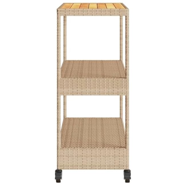 3-Tier Bar Cart, Beige Poly Rattan & Solid Acacia Wood, 39.8 x 15.7 x 39.4, Rolling Wheels, Mobile Serving Trolley for Kitchen, Outdoor Patio, Home Storage-rJmsae1U