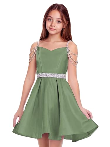 Satin Junior Bridesmaid Dresses Beads Flower Girl Dress for Wedding Knee Length Girls Pageant Party Dress3