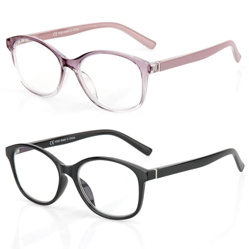 Image of SKYOAK 2 Pack Vibrant Progressive Multifocus Reading Glasses Women, Stylish Spring Hinge Multifocal Readers, Lightweight Anti Blue Light Computer Eyeglasses for Near Range (Black & Purple, 2.25x)