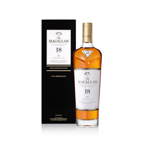 The Macallan 18 Years Old Sherry Oak Single Malt Speyside Scotch Whisky Ginger & Dark Chocolate Aged in European Oak Sherry Season Casks 43% ABV 70cl 2023 Release