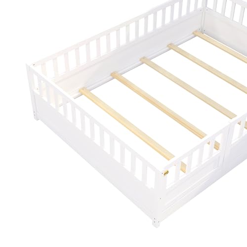 Bellemave Full Floor Bed with Slats and High Fence, Full Size Montessori Floor Beds with Door, No Box Spring Needed, Easy Assemble Montessori Bed Frame(White Full)