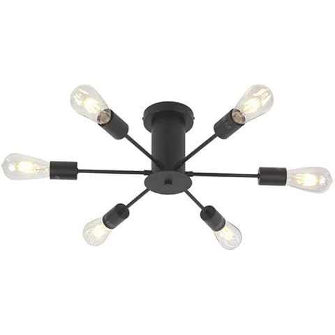 Modern Sputnik Chandelier 6-Light Semi Flush Mount Ceiling Light Fixture Satin Nickel Hanging Pendant Light with E26 Base for Kitchen Island, Bedroom,Dining Room,Kitchen,Office (Black) Cover
