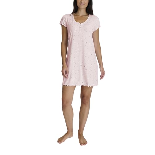 Laura Ashley Womens Nightgown Ribbed Knit Short Sleeve Henley Sleepshirt (Pink Dot Medium)