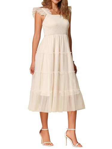 Image of Allegra K Women's Summer Midi Tulle Dress Sleeveless Smocked Square Neck Tiered Ruffled Wedding Guest Dress