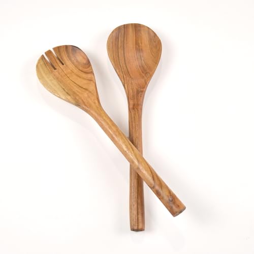 The Fine Living Co. Acacia Salad Servers, 11 Inches Wooden Spoon, Handcrafted Kitchen Utensils for Mixing, Tossing, Cooking (2-Piece Set, Natural)