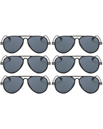 OWL 6 Pack Kids Aviator Sunglasses – Small Fit UV400 Protection Bulk Set, Black Frame Smoke Lens (Ages 3–6)