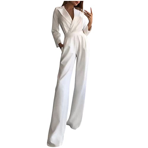 Tuta da donna per matrimonio, festa, lunga, elegante, a maniche lunghe, tinta unita, con scollo a V, con gamba larga, tuta da lavoro, tuta intera, bianco, XL