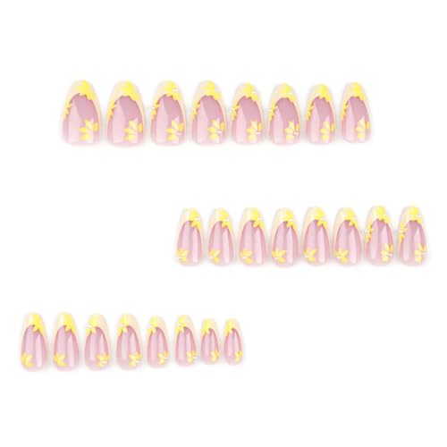 Image of Yellow French Tip Press on Nails Spring Flower Fake Nails with Pearl Design Glossy Glue on Nails Reusable Artificial Acrylic Full Cover Stick on Nails Medium Almond False Nail for Women Manicure 24Pcs