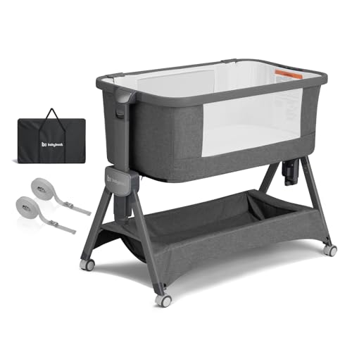 Image of babyboat Baby Bassinet Bedside Sleeper 3 in 1 Collapsible Portable Crib Bassinet with Storage Basket, Movable Wheels 5 Height Adjustable Bedside Co-Sleeper for Baby Newborns - Grey | Soft Mattress, Collapsible Portable, Double Safe lock, Lockable Wheels