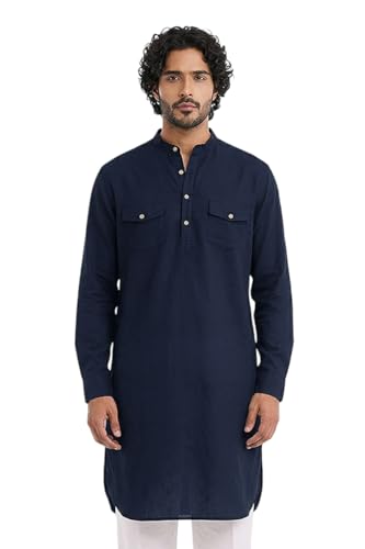 Image of SNITCH Men Casual Kurta Shirt | Regular Fit Full Sleeve Mandarin Collar Solid Pattern | Premium Cotton Linen Blend & Breathable Fabric for Festive Season & Holiday Wear