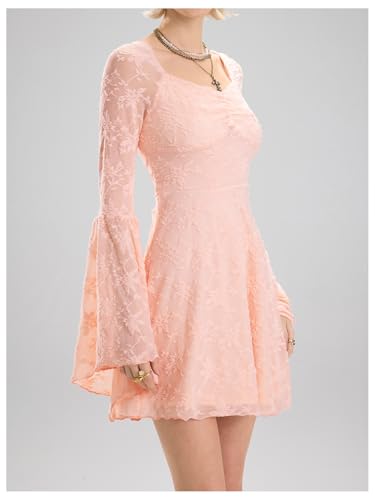 Image of WDIRARA Women's Floral Jacquard Gothic Bell Long Sleeve Dress | Mesh , A Line, Vintage