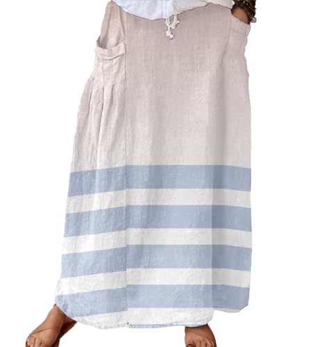 Linen Maxi Skirts for Women Boho Floral Striped High Waisted Casual Long Skirt with Pockets