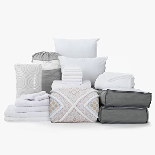 OCM Complete Dorm Essentials Value Pack - 21 Piece Twin XL Set | Twin XL | Comforter, Sheets, Topper, Blanket, Towels, Storage & More | Arlow | Soft Sherpa in Grays and Offwhite