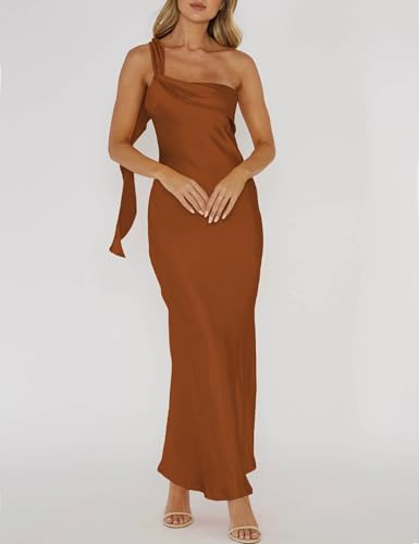 Image of 2026 Satin One Shoulder Maxi Dress for Women Summer Silk Formal Elegant Backless Ruffle Sleeveless Wedding Guest Dresses