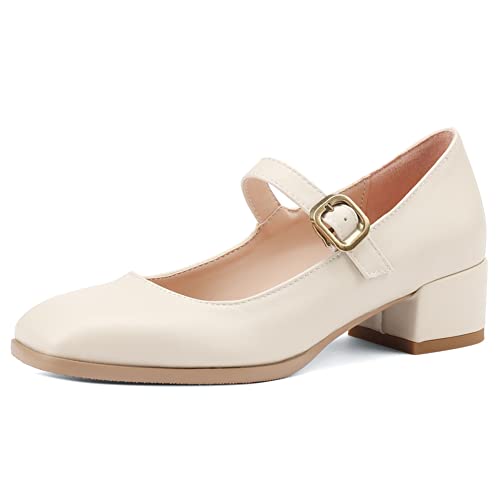 FOV Zapatos Mary Jane para Mujer Zapatos de Tacón bajo con Hebilla Punta Cuadrada Zapatos de Uniforme de Vestir Blanco EU39 Cover