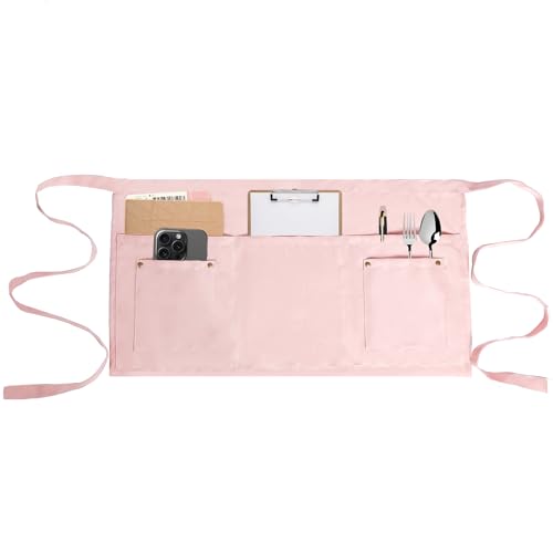 MIKI WELL Server Apron with 5 Pockets - Rivet buckle Unisex Short/Half Waiter Waist Short Apron (pink)