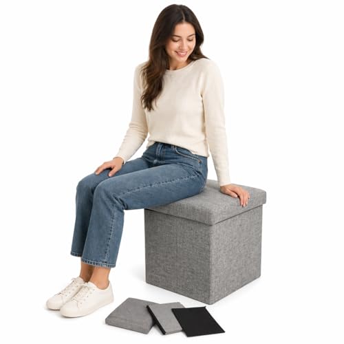 SKY-TOUCH Ottoman Seat Storage Stool Folding Storage Ottoman Cube Space-Saving Cube Footrest Seat for Bedroom Hallway Living Room Light Grey 38 * 38 * 38cm(Capacity 150KG) 1 pack