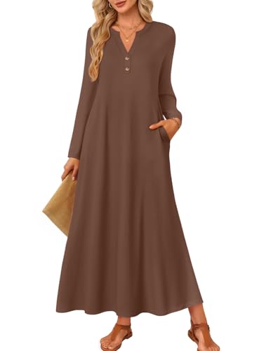 ZESICA Fall Long Sleeve Dressy Casual Maxi Dresses for Women 2025 Elegant Classy V Neck Flowy Tshirt Dress with Pockets