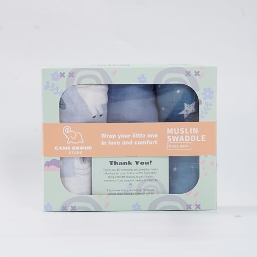 Image of Muslin Swaddle for Baby, 3 Pack, Floral and Solid Patterns (Blue)
