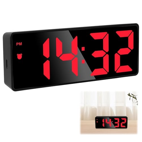 Sveglia Digitale, Sveglia da Comodino con Temperatura e LED Grande Schermo Snooze Orologio da Comodino USB/batteriaa Specchio 3 Livelli di Luminosità USB Ricaricare Sistema 12/24 Ore (Luce Rossa)