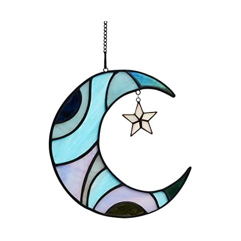 HAOSUM Stars and Moon Decor Gift Window Stained Glass,Stained Glass Suncatcher for Window Crescent Moon Decor,Moon Decorations for Home Indoor Window,Moon and Star Decor Gifts for Women (Moon Cover