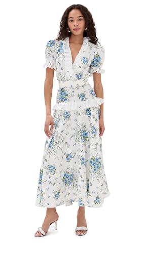 Rodarte Women's White and Blue Daisy Silk Short Sleeve Silk Dress with Eyelet Ruffle Detail and Belt, White/Blue, 6