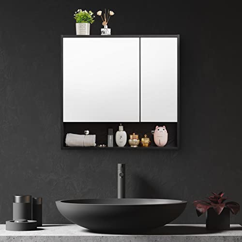 HollyHOME Armario de baño con espejo con estante, 78 cm de ancho, doble puerta de espejo, armario de almacenamiento para inodoro, montado en la pared, color negro - imagen 8
