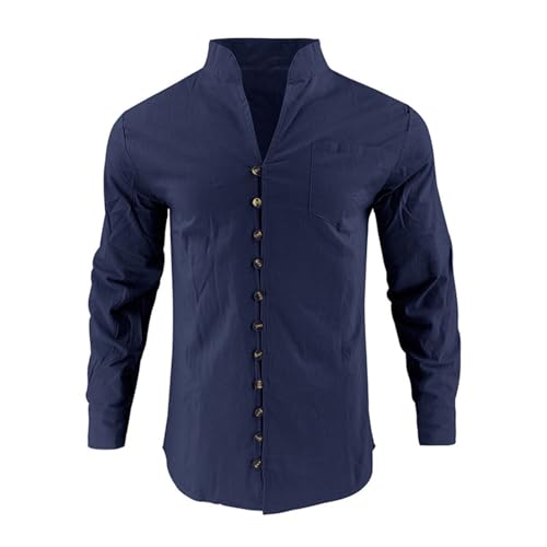 DENGJIAMY - Camisa de manga larga con botones para hombre, cuello a la moda, camisa de vestir informal de lino liso para verano, azul marino, S