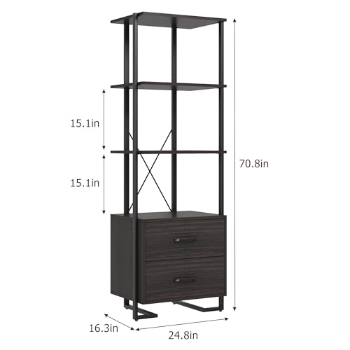 GAOMON 4 Tier Bookshelf with Storage Drawers,70.9 Inch Tall Industrial Book Shelf with Open Display Shelves,4 Shelf Bookcase with Metal Frame for Living Room, Bedroom,Office