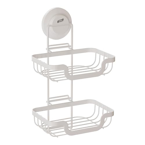 Image of TAILI Double Layer Soap Holder, Bar Soap Dish Suction Cup for Shower Wall, Draining Saver Tray for Bathroom, Rustproof Stainless Steel Sponge Holder for Tub, Kitchen, Drill-Free, White