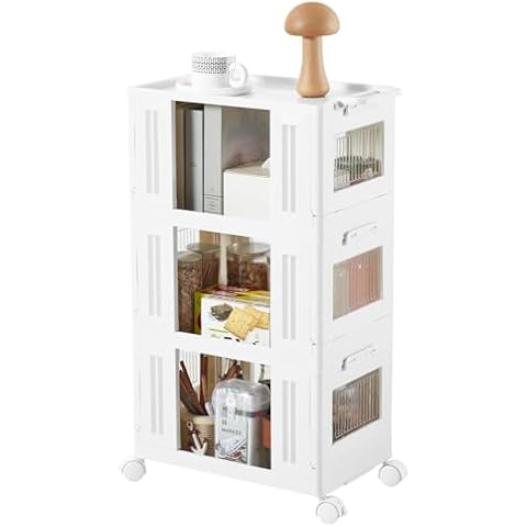 Bagnizer 76qt Plastic Storage Container, No Door 3 Tier Stackable Folding Storage Bin with Lid, Collapsible Storage Box with Wheels for Bedroom, Living Room, Office, Off White, 16 x 10 x 29” Cover