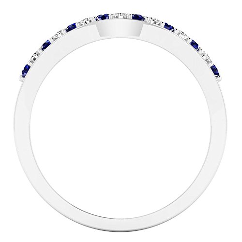 14K Solid Gold Round White Diamond & Blue Sapphire Wedding Stackable Anniversary Guard Chevron Band3