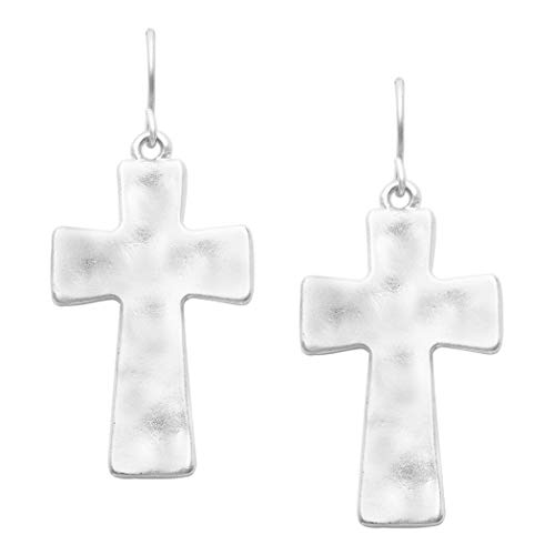 Rosemarie & Jubalee Women's Chic Western Style Matte Finish Hammered Metal Cross Religious Dangle Earrings, 1.75