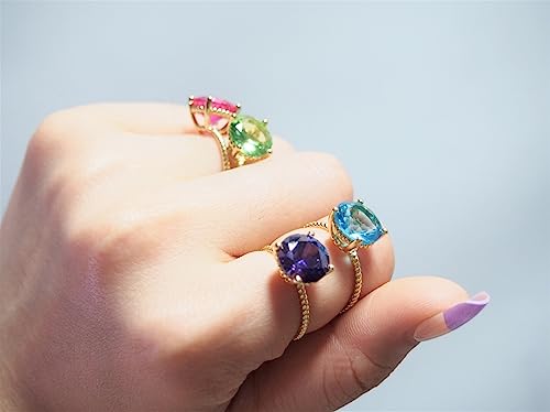 18K Gold Plated Sterling Silver Colored AAAAA Zirconia Stones Propose Engagement Ring, Simulated Green Peridot/Purple Amethyst/Pink Tourmaline/Blue Topaz Wedding Bands for Women 7