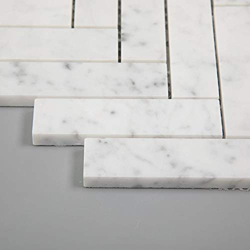Soulscrafts Italian White Carrara Marble 1 X 4 Herringbone Mosaic Tile Polished For Kitchen Backsplash Bathroom Wall & Floor Tile 5 Sheets/Box #TOP3