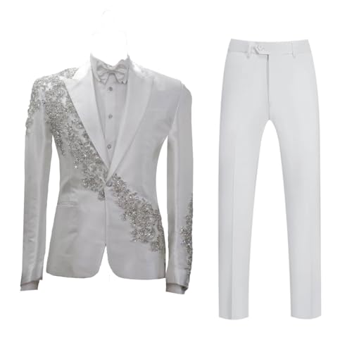 Men's Applique Suit White Satin 2 Piece Slim Fit Luxury Diamond Floral Tuxedo Prom Suits for Wedding Party Prom