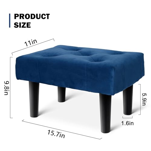 Image of HOUCHICS Small Footstool Ottoman, Velvet Soft Footrest Ottoman with Wood Legs， Sofa Footrest Extra Seating for Living Room Entryway Office(Blue 2PACK)