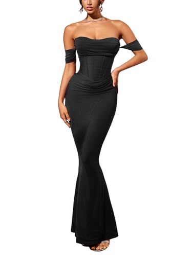 Off The Shoulder Bodycon Corset Ruched Maxi Dress Built-in Bra Fall Homecoming Wedding Guest Dresses for Women