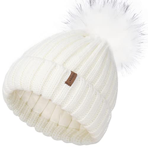 FURTALK Bonnet pour Tout-Petits Bonnet à Pompon Doublure en Coton Fausse Fourrure Boule Pom Pom Bonnet Unisexe Filles Garçons Enfants Chapeau d'hiver Tricoté Cover