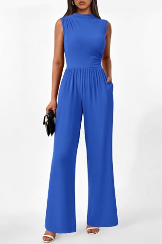 Image of PRETTYGARDEN Women's Summer Dressy Casual Jumpsuits | Cozy Ribbed Fabric, Sleeveless Mock Neck, Back Zipper, Pockets, Wide Leg Pants Rompers, Fashion Clothing, One Piece Outfits