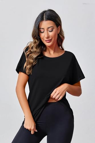 Fisoew Sportshirt Damen Fitness Kurzarm Yoga T-Shirt Leicht Gym Sport Oberteile Locker(Schwarz, 2XL)