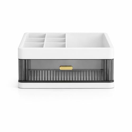 Image of HoopVool Desk Makeup Organizer, Plastic Storage Box with Sliding Drawer, Stylish Display Case for Cosmetics, Lotion, Nail Polish,Brushes,and Jewelry (1 - Layer, White)
