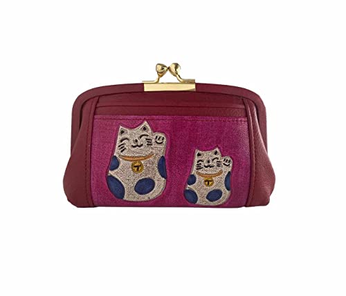 淀川染 がま口財布 本革 猫アイテム 日本製 招福猫 ねこ レディース 財布 ギフト 縁起 開運 小銭入れ 親子がま口 イエロー グリーン 招き猫 840-3ワイン