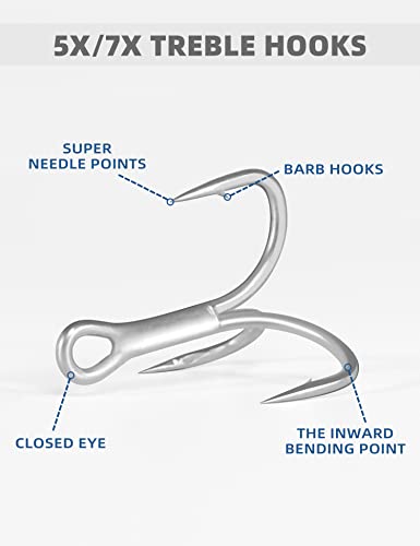 Bluewing 5X Treble Hooks 10Pcs Needle Point Hooks Fishing Hooks High Carbon Steel Hooks Extra Sharp Fish Hooks For Freshwater Saltwater Fishing 1/0 #TOP2